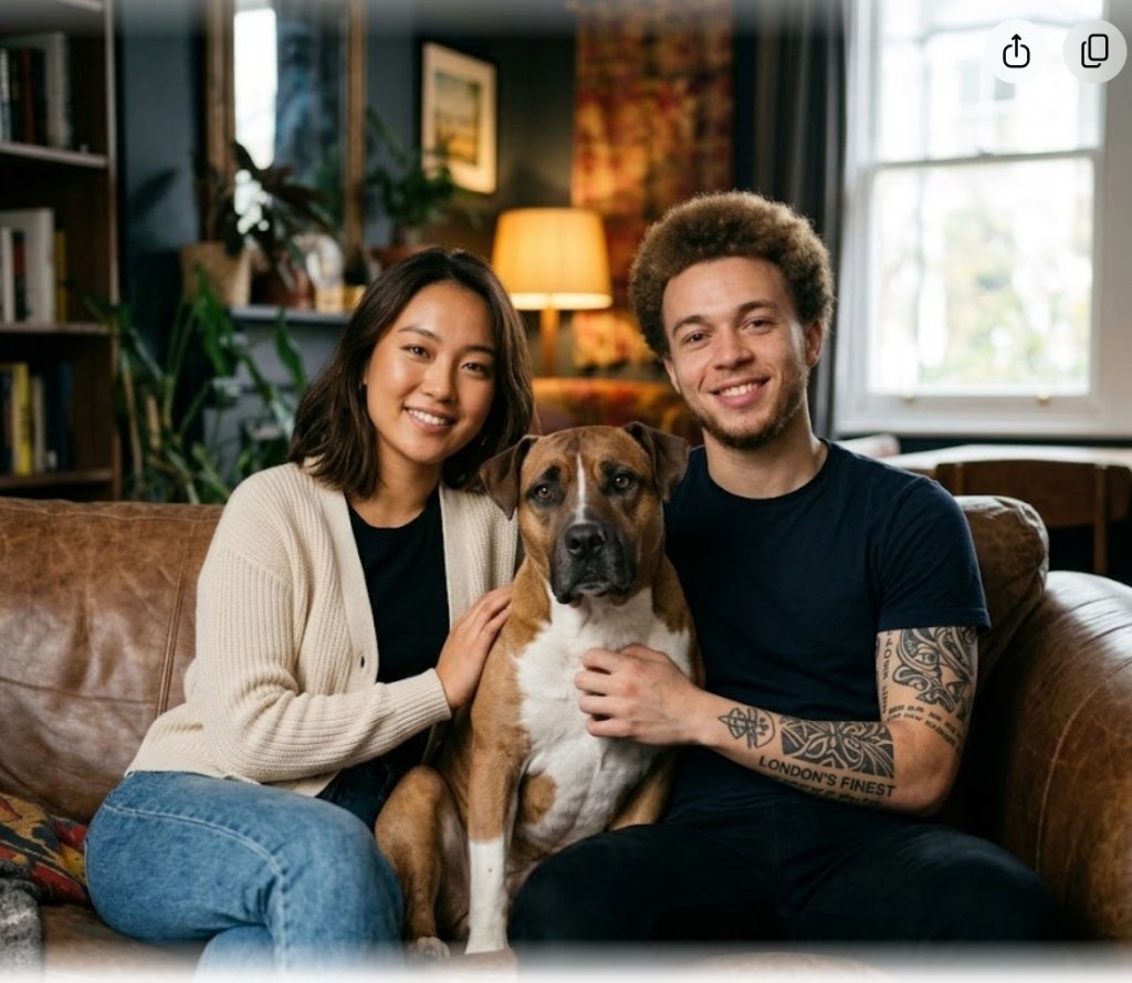 Imani, David, and their Staffordshire Terrier mix Copper on a leather sofa